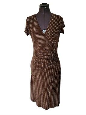 Frank Lyman Design Brown and White Polka Dot Faux-Wrap Midi Dress Size 8